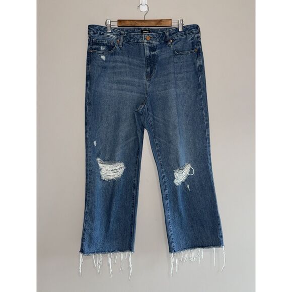 Express Jeans 90s Ankle Boot Mid Rise Rigid Blue Denim Raw Hem Fray Distress 14R - Picture 3 of 15